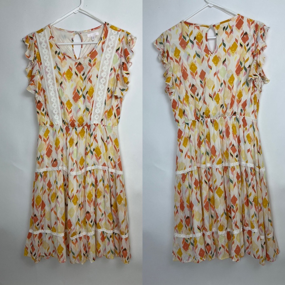 LAUREN CONRAD Baja Bazaar Crinkle Rayon Lace Tier Lined Floral Dress M
